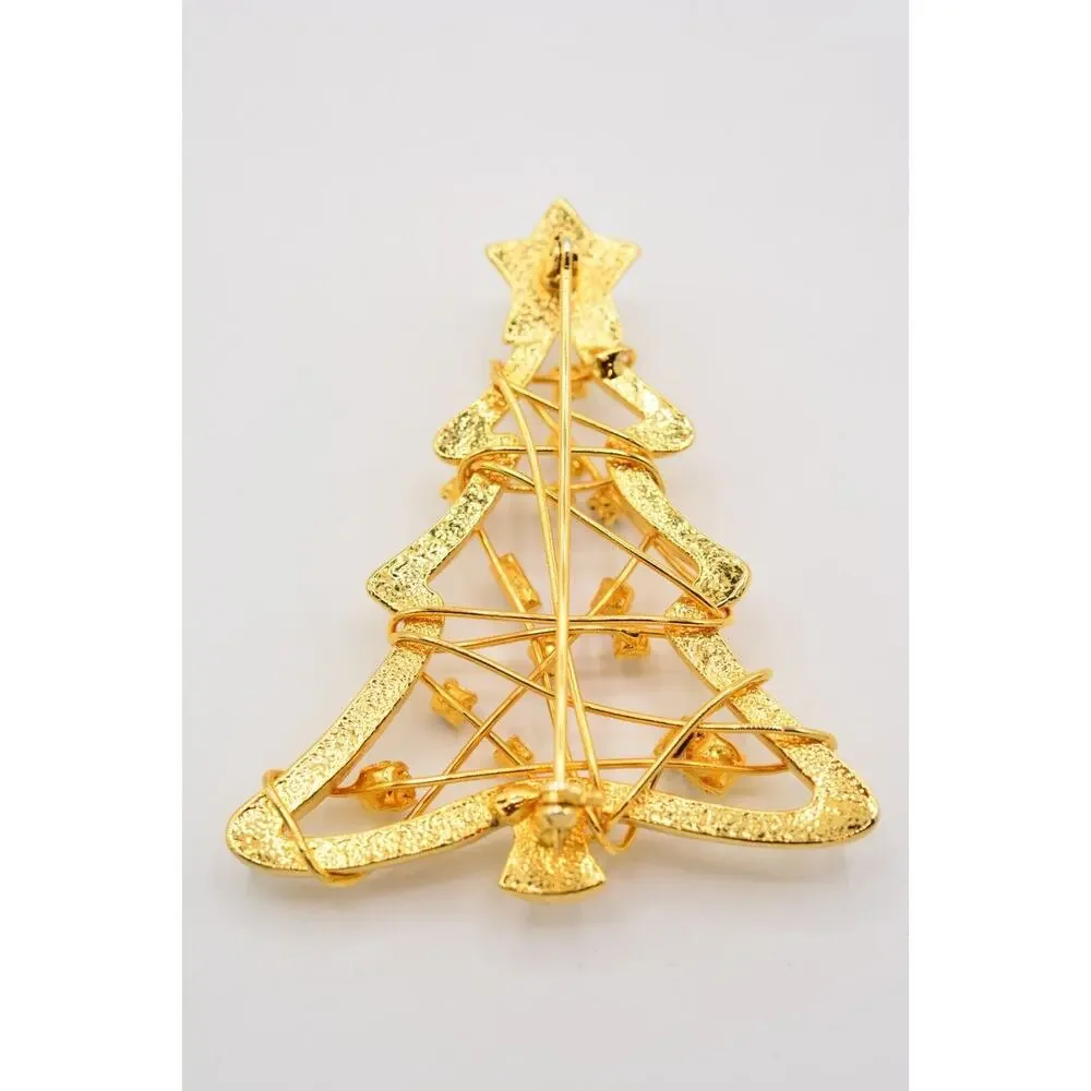 Vintage Christmas Tree Pin Brooch Rhinestone Crystal Wired Gold Holiday BinAP